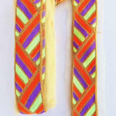 Beige Net Lace in Orange Embroidery, Geometric Pattern Trim, Indian Embroidered Trim Craft Ribbon Decorative Trim Costume Trim Trim By Yard